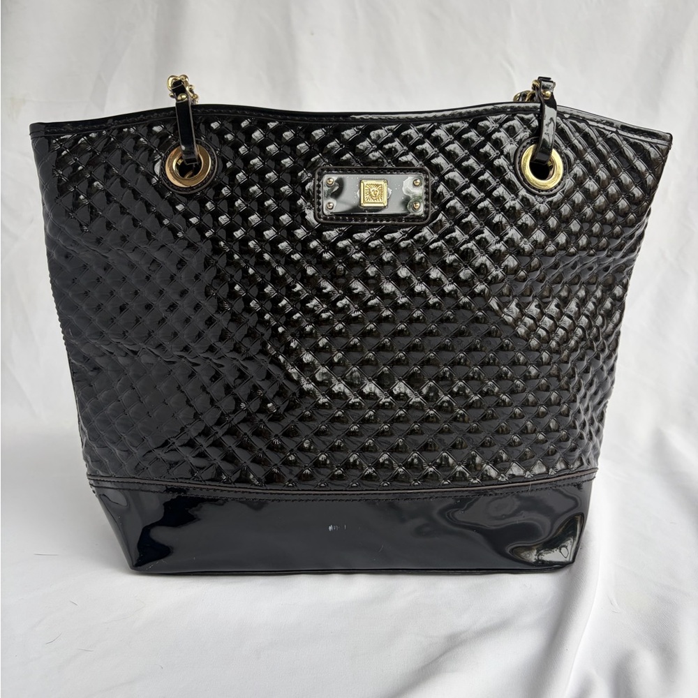 Anne Klein Black Textured Shoulder Bag Patent Leather
